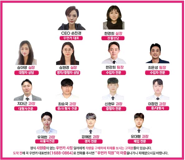 우먼카 착한딜러 - 우먼카를 사칭하는 정식 사원증이 없는 딜러에게 차량을 구매까지 하게 되어 피해를 보시는 분들이 있습니다. 이런 피해에 노출되지 않도록 도착 전에 꼭 우먼카 대표전화(1688-0864)로 전화를 주시면 “우먼카 직원”이 마중을 나가니 피해 없으시길 바랍니다.