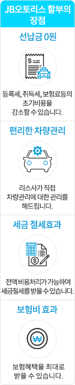 JB오토리스 할부의 장점 - 선납금 0원(등록세, 취득세, 보험료등의 초기비용을 감소할 수 있습니다) / 편리한 차량관리(리스사가 직접 차량관리에 대한 관리를 해드립니다.) / 세금 절세효과(전액 비용처리가 가능하여 세금절세를 받을 수 있습니다.) / 보험비 효과(보험혜택을 최대로 받을 수 있습니다.)