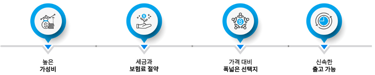 높은 가성비 / 세금과 보험료 절약 / 가격 대비 폭넓은 선택지 / 신속한 출고 가능
