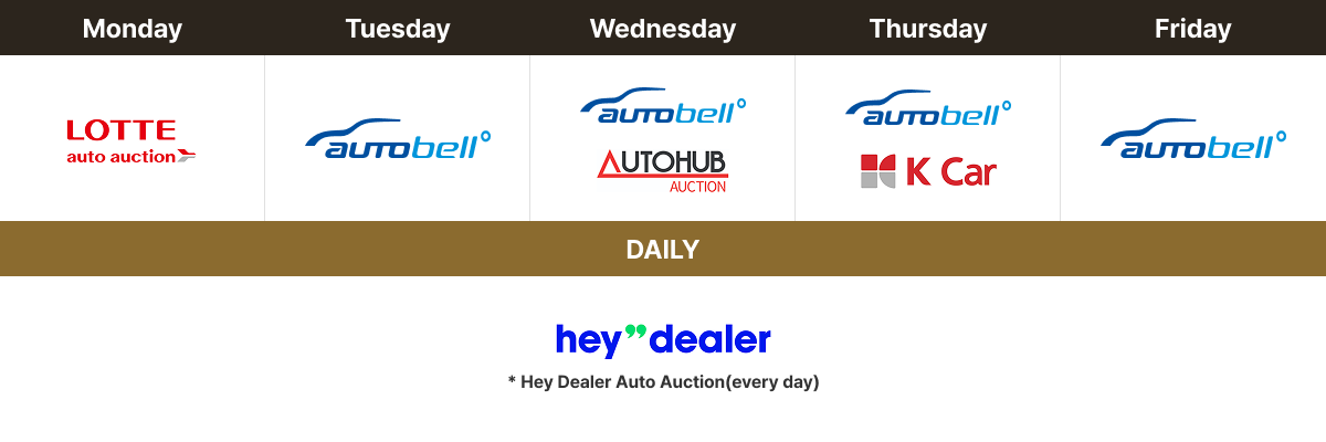 Monday(LOTTE auto auction) / Tuesday(AUTOBELL) / Wednesday(AUTOBELL, AUTOHUB AUCTION)